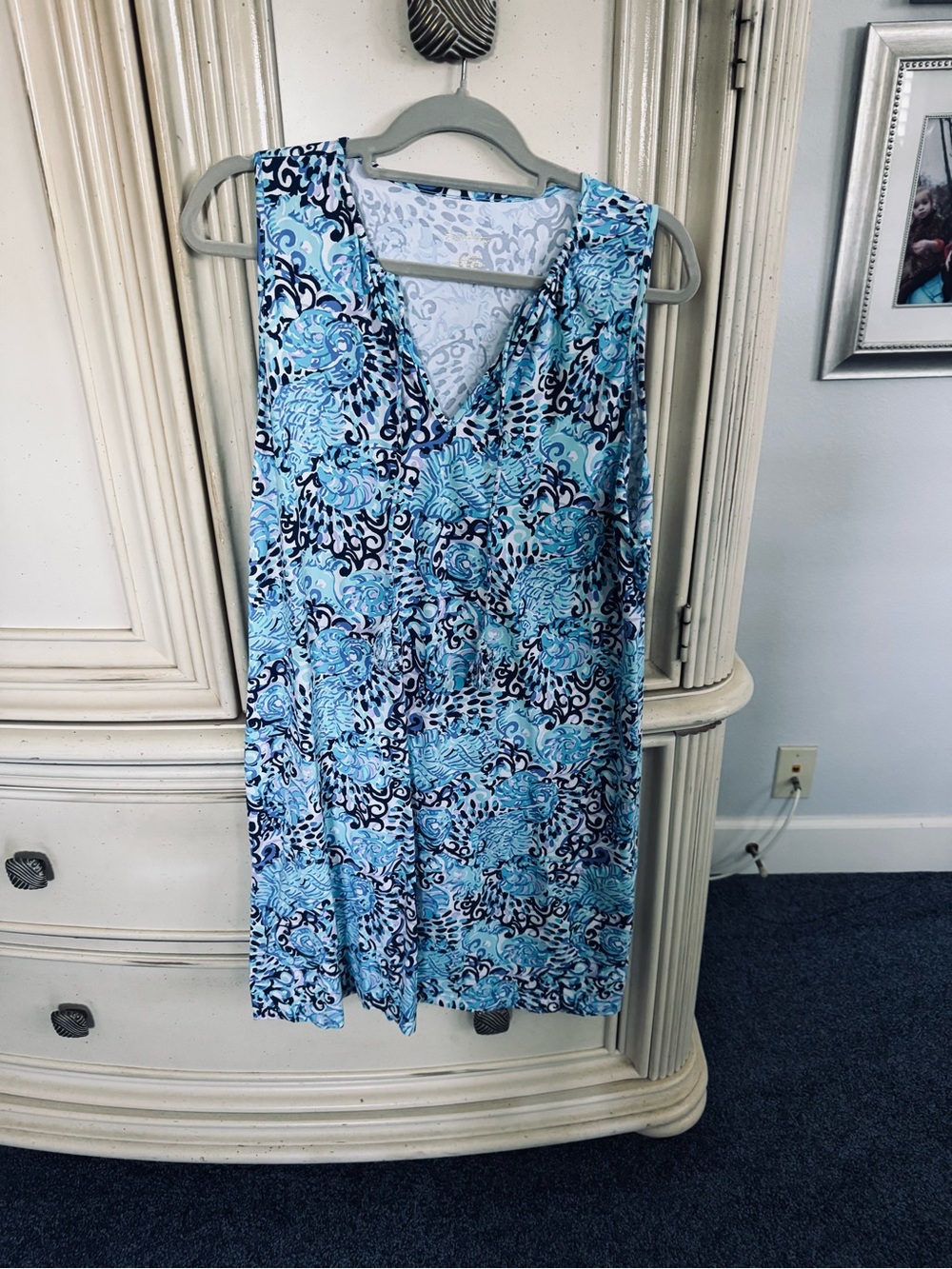 Sleeveless V-Neck Blue Patterned sundress/swimsuit cover up with pockets